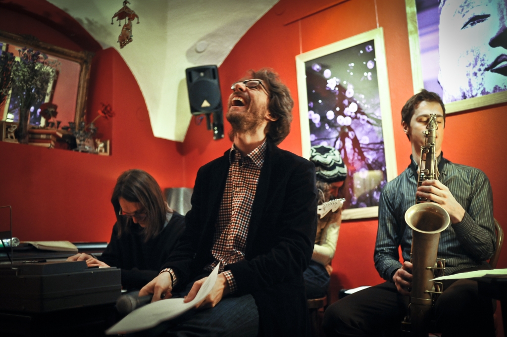 Andrej Hočevar, Boštjan Simon and Jan Kostanjevec performing at Mimoglasje event organised by LUD Literatura and Šerpa Literary Art Association at Daktari Club, 2013