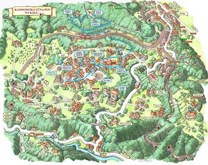 The pictorial map of Kal with the stonecutting educational trail. Drawn by <!--LINK'" 0:202--> for Štirna Kal Society.