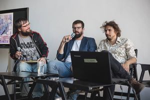 Editor Aljoša Harlamov in conversation with screenplay writers Nejc Juren and Izar Lunaček at <!--LINK'" 0:707-->, 2017.