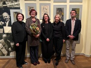 The opening of the exhibition  "Ladislav Kondor: The Forgotten Cosmopolitan" at the Museum Wilhelm Busch – The German Museum for Caricature and the Art of Drawing, Hannover, 2024. From left to right: Ambassador of the Republic of Slovenia, Dr. Ana Polak Petrič, curator Tamara Andrejek, museum director Dr Eva Jandl-Jörg, Head of SKICA Berlin Saša Šavel Burkart and designer Primož Fijavž.